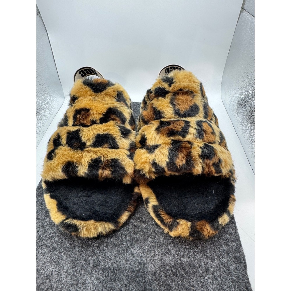 UGG Fluff Slide Leopard Print Faux Fur Slingback Slipper 1134954K Tan Black